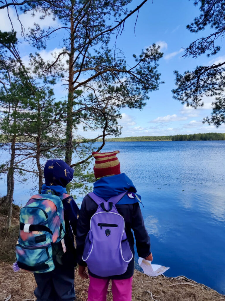 Kaksi sudenpentua katsoo maisemaa Kurjenrahkan kansallispuistossa selät kameraan päin